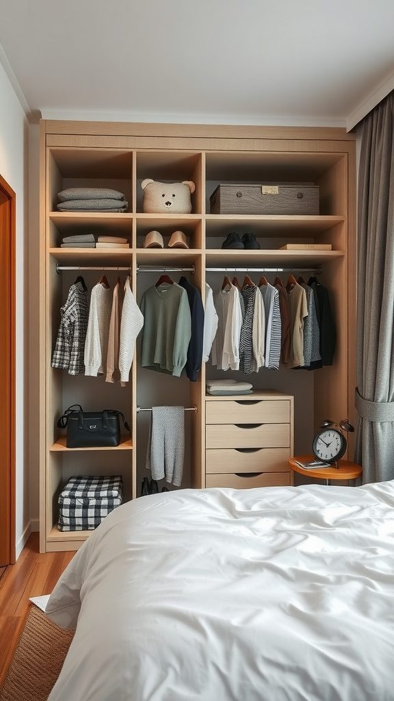 A stylish space-saving wardrobe with clothes, shoes, and folded items organized neatly.