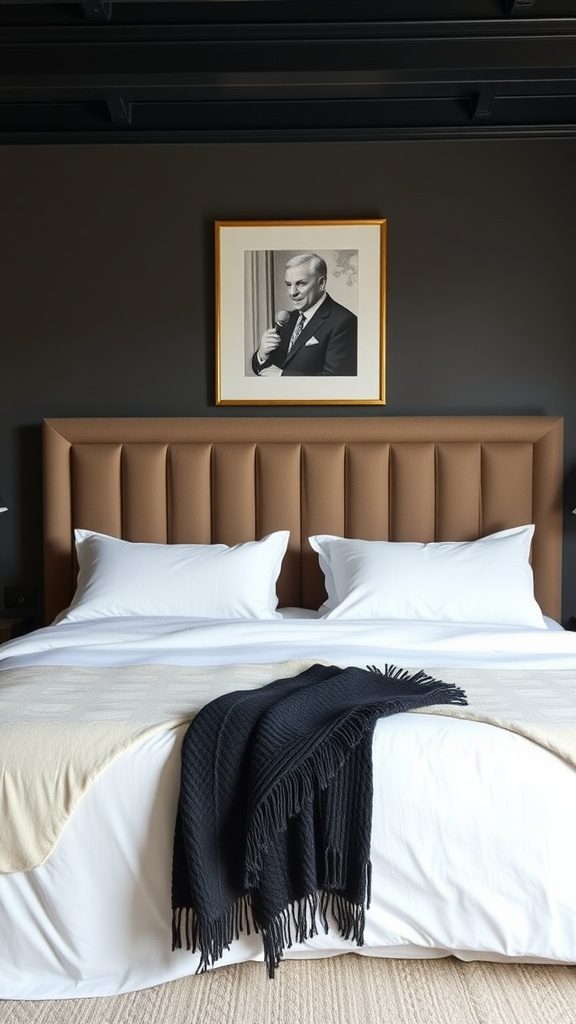 Cozy master bedroom featuring a stylish statement headboard.
