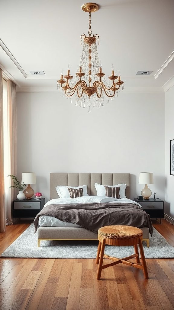 A modern bedroom featuring a stylish chandelier, elegant bedside lamps, and a cozy atmosphere.