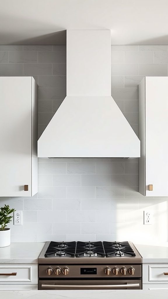 A modern kitchen featuring a white range hood above a gas stove with stylish gold accents.
