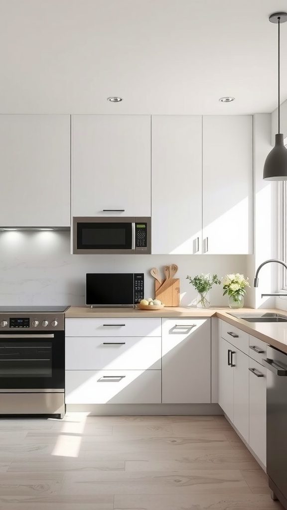 A minimalist kitchen featuring sleek white cabinetry and modern appliances.