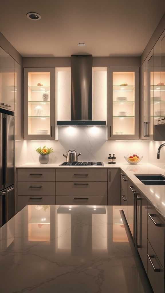 Luxurious kitchen with backlit shelves showcasing elegant dishware.