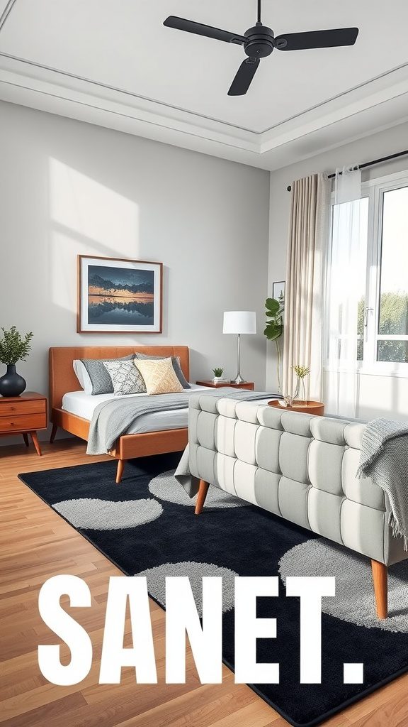 A modern bedroom featuring a stylish area rug with circular patterns, complemented by contemporary furniture.