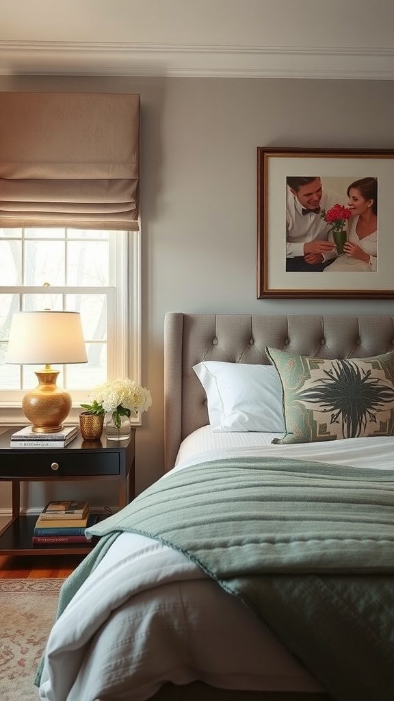 A cozy master bedroom featuring a stylish bedside table with a lamp and decorative items.
