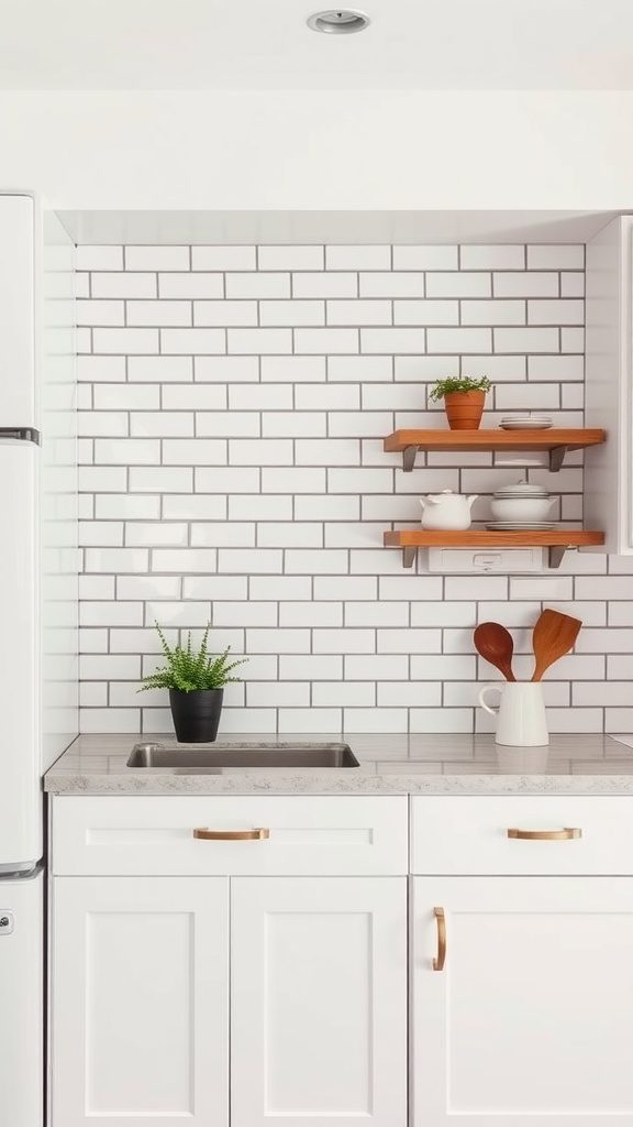 Minimalist kitchen featuring a subway tile backsplash with white cabinets and wooden shelves.