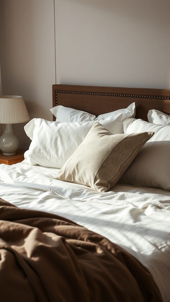 A beautifully layered bed with soft white and brown bedding, featuring decorative pillows.