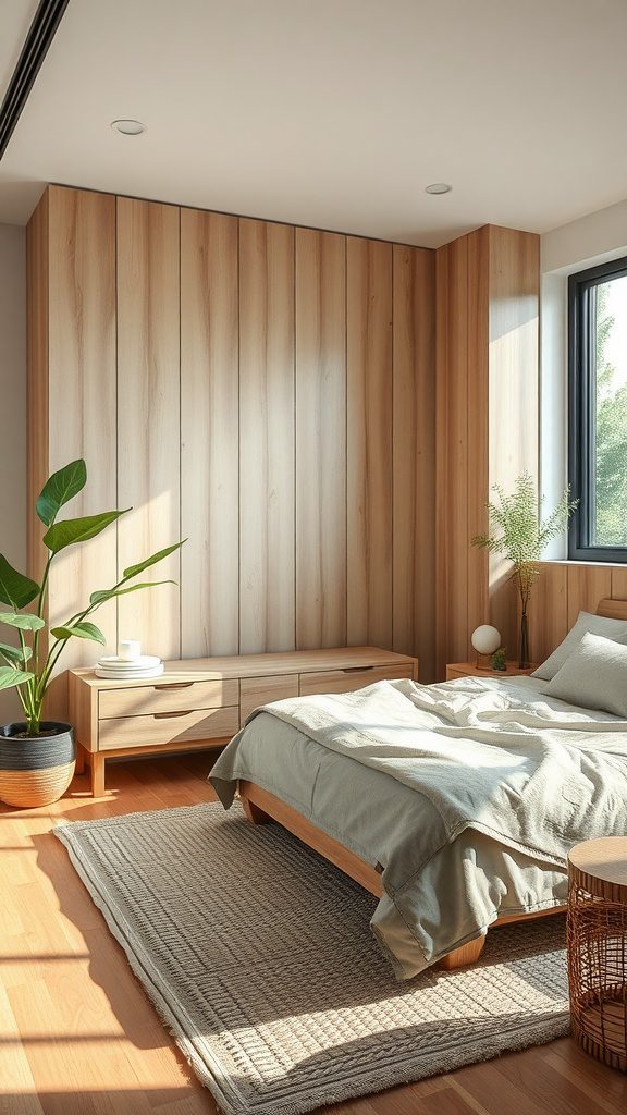 A modern bedroom interior featuring wooden paneling, a cozy bed, and plants for a sustainable look.