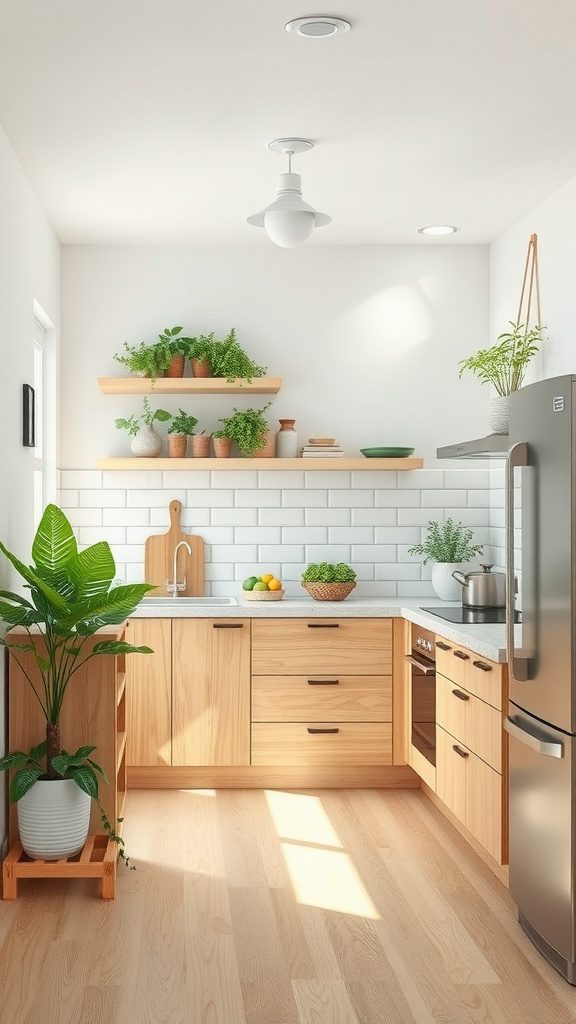 A bright and airy kitchen with wooden cabinets, green plants, and natural light