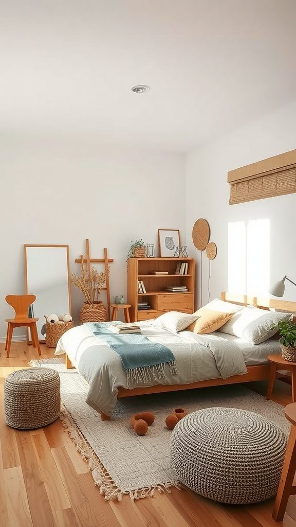 A bright Scandinavian bedroom featuring wooden furniture, natural fibers, and a clean aesthetic.