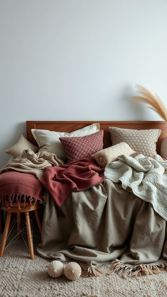 A modern bedroom with layered textiles including throws and patterned pillows on a bed