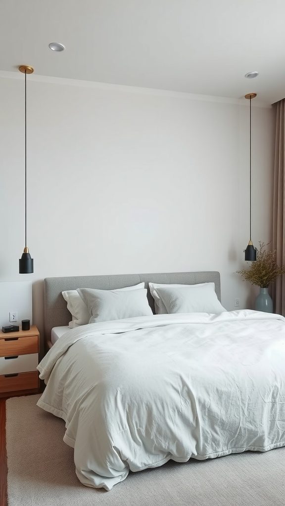 A minimalist bedroom featuring soft bedding, a plush rug, and modern lighting.