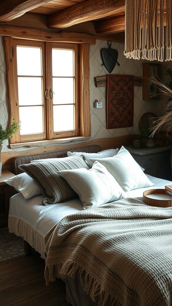 A cozy rustic bedroom featuring a bed with textured blankets and pillows, wooden beams, and a warm atmosphere.