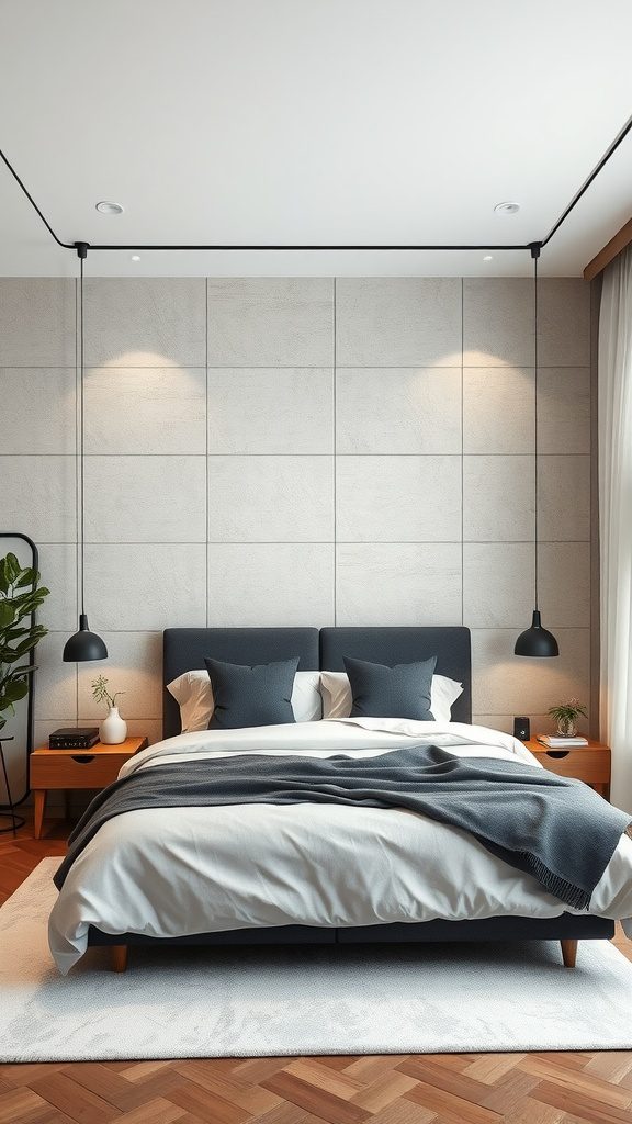 Luxurious bedroom with textured wall panels, featuring a stylish bed and modern decor.