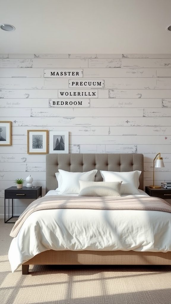 Cozy master bedroom with textured wall treatment and modern decor