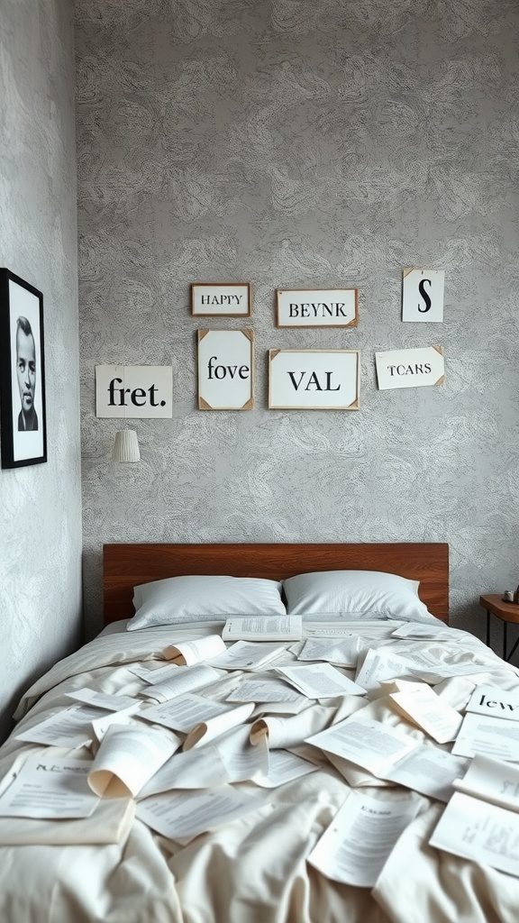 A small bedroom with a textured wall, featuring art pieces and scattered papers on the bed.