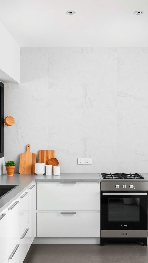 A modern minimalist kitchen featuring textured wall treatments.
