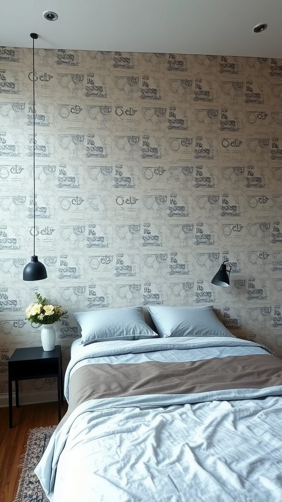 A modern bedroom featuring textured wallpaper with a unique design, complemented by stylish bedding and decor.