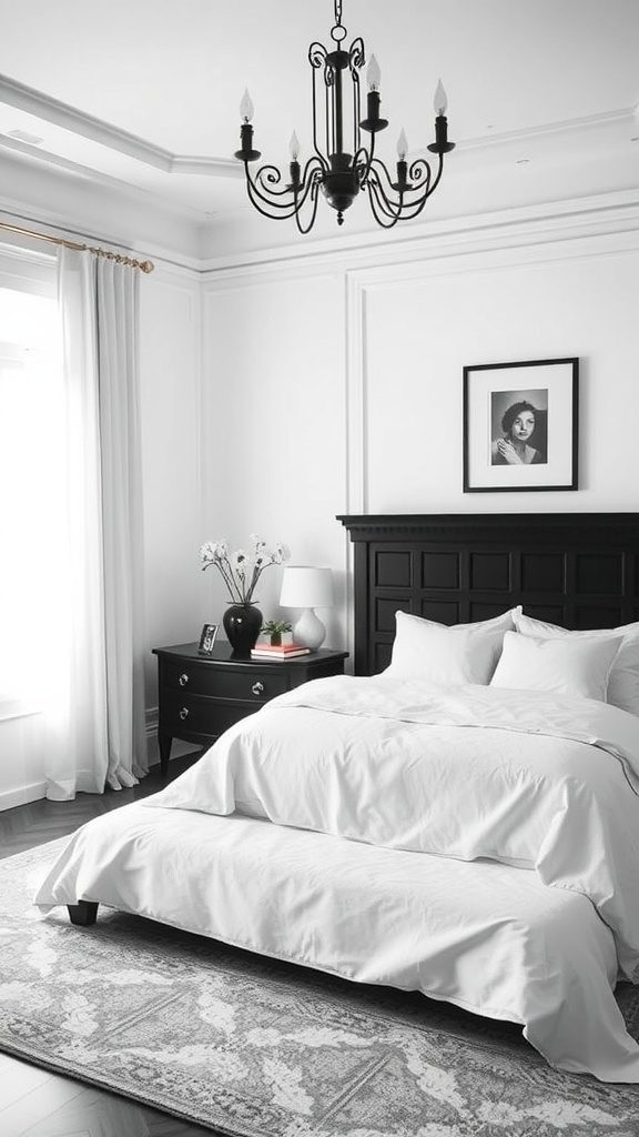 A minimalist black and white bedroom with elegant decor.