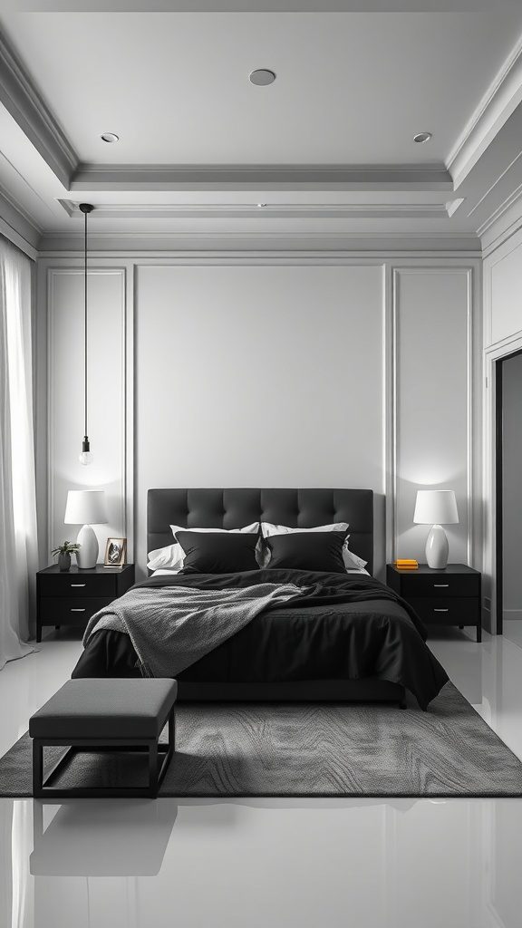 Luxurious black and white bedroom interior featuring a sleek bed, nightstands, and elegant decor.