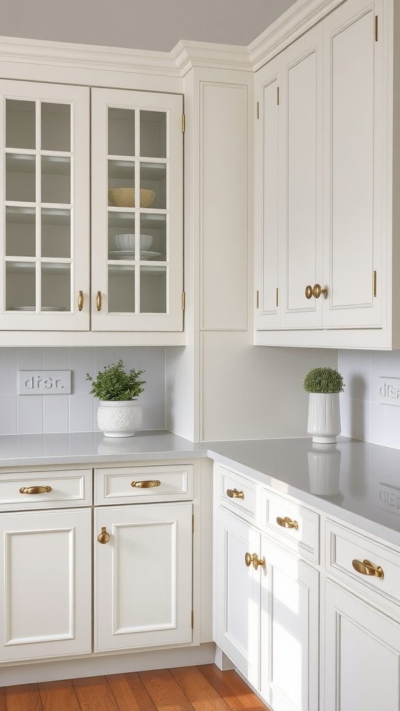 Luxurious kitchen featuring white Shaker cabinets with glass doors and gold hardware.