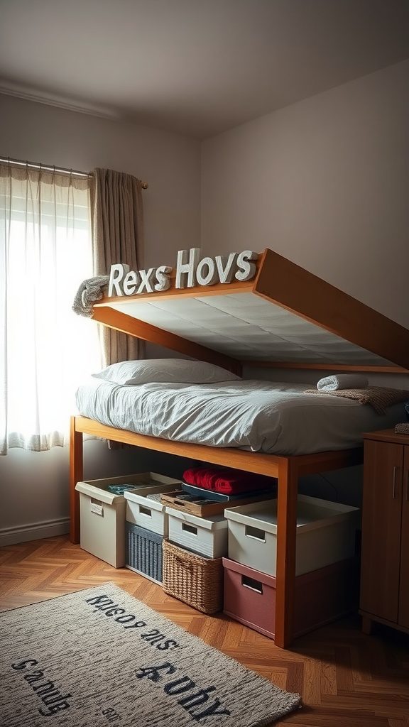 A cozy small bedroom featuring an elevated bed with storage boxes underneath.