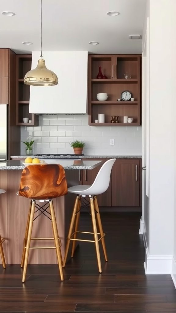 A modern kitchen featuring unique bar stools, one with a wooden seat and another in white, both complementing the stylish kitchen design.