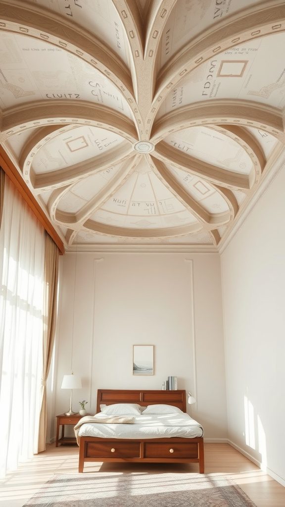 A luxurious bedroom with an intricate ceiling design featuring arches and detailed patterns.