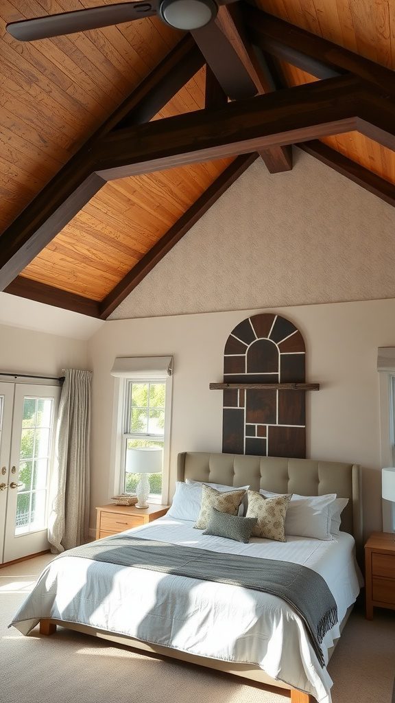 Cozy master bedroom with unique ceiling treatments, featuring wooden beams and soft lighting.
