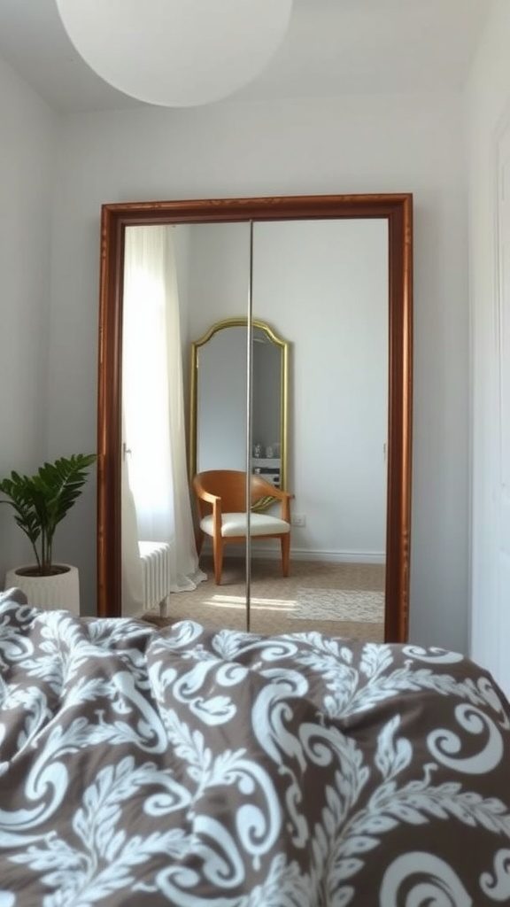 A reflection of a cozy bedroom with a plant and a chair visible in the mirror.