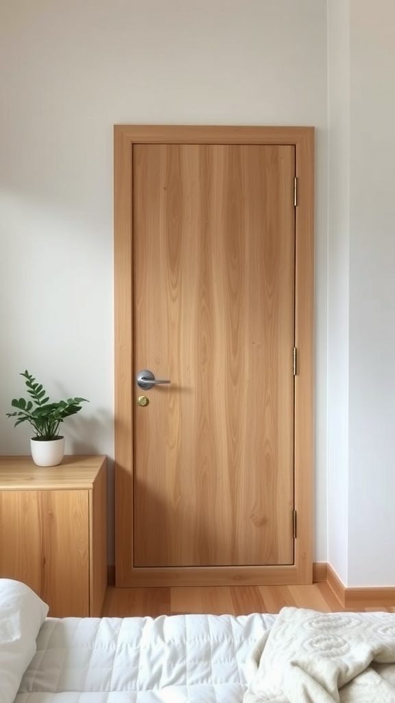 A wooden door in a small bedroom with a plant and furniture nearby.