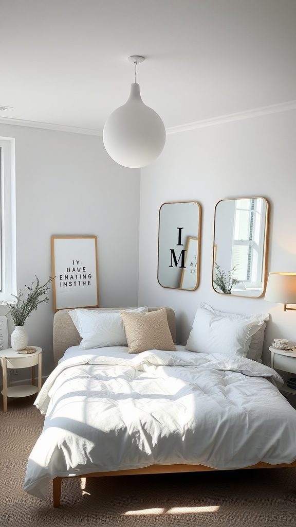 A Scandinavian bedroom featuring a light-filled space with a bed, decorative pillows, and mirrors on the wall.