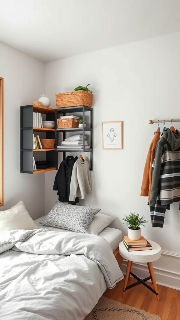 A small bedroom featuring vertical storage solutions like shelves and a hanging rack for clothes.