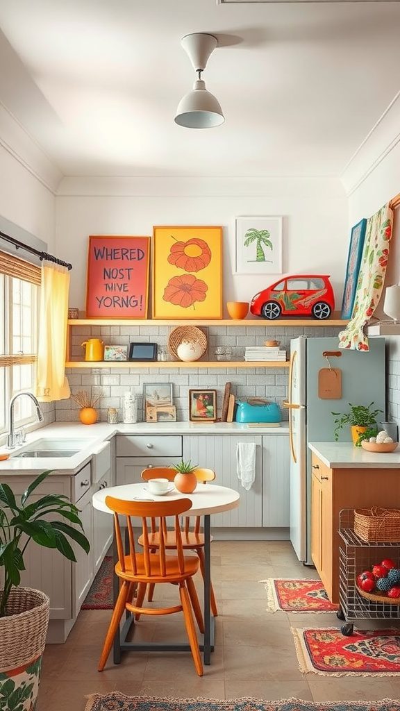 A colorful kitchen featuring vibrant artwork, playful decor, and a cozy dining setup.