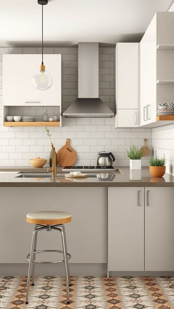A modern kitchen featuring vintage accents like a retro stool and patterned floor tiles.