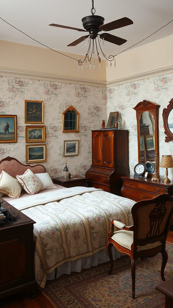 A vintage bedroom showcasing antique furniture, warm colors, and elegant decor.