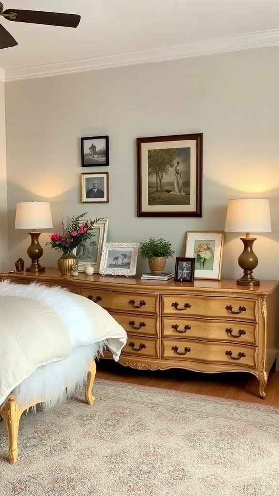 A cozy master bedroom featuring vintage decor elements, including wooden furniture, lamps, and wall art.