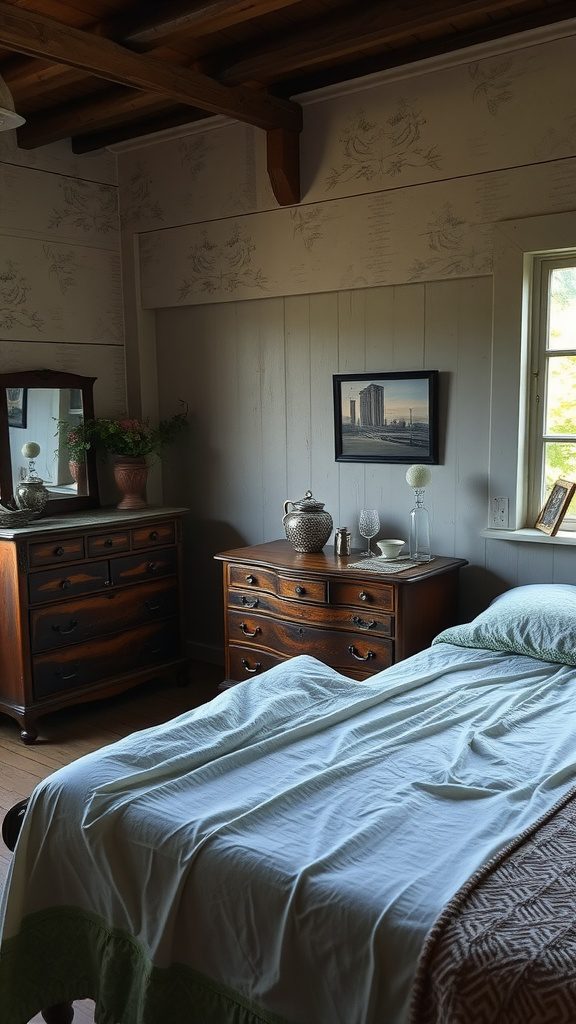 Rustic bedroom featuring vintage wooden furniture and soft bedding.