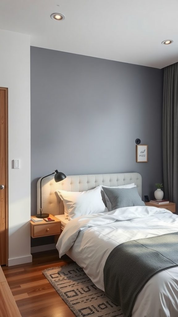 Modern bedroom featuring a wall-mounted desk, bed with decorative pillows, and stylish lighting.