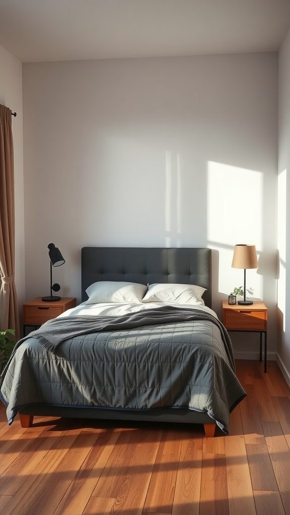 A cozy small bedroom featuring wall-mounted nightstands beside a bed.