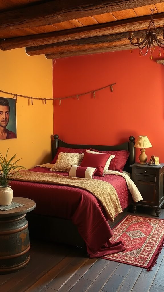 A rustic bedroom featuring warm color contrasts with a rich red wall and soft yellow accents, complemented by cozy bedding and wooden features.