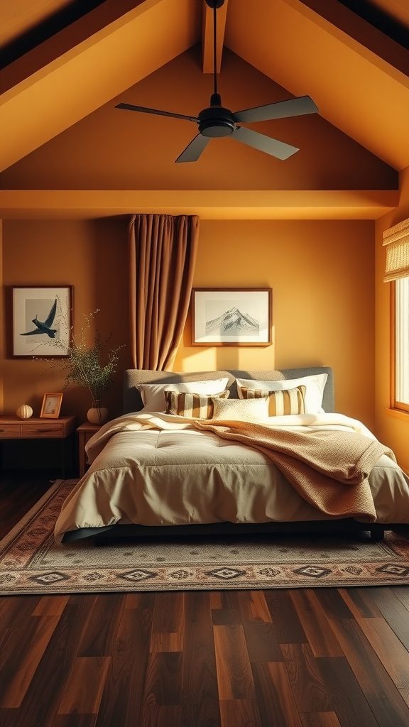 Cozy master bedroom featuring warm color palettes with amber walls and soft textiles