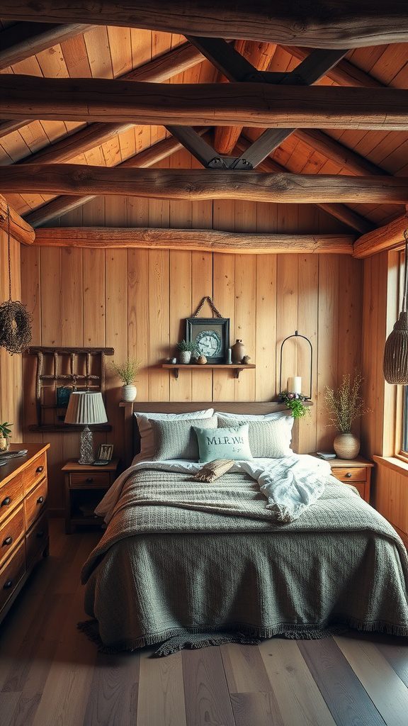 A rustic bedroom with warm wood accents, featuring a cozy bed and wooden walls.