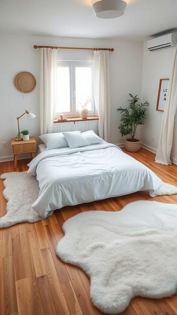 A cozy Scandinavian bedroom featuring warm wood floors and fluffy area rugs.