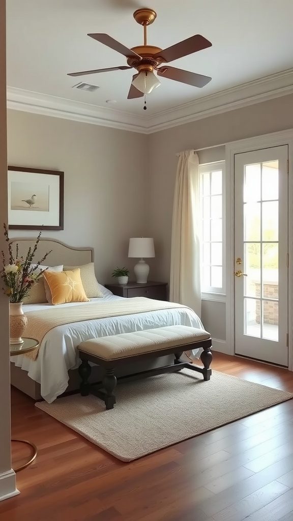 Cozy master bedroom with a welcoming entryway, featuring a bed, bench, and natural light.
