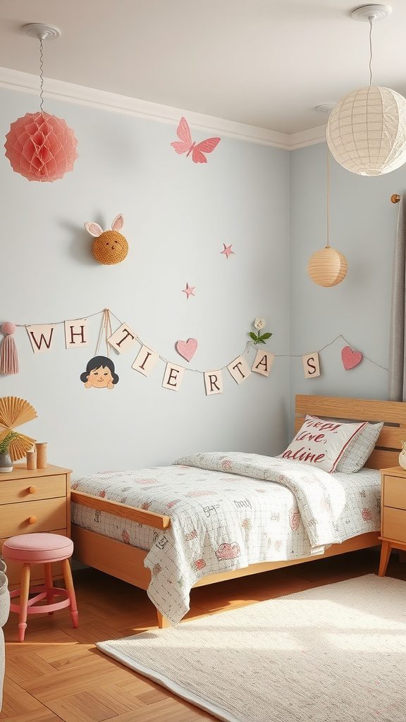 A bright and cheerful bedroom with whimsical decor elements