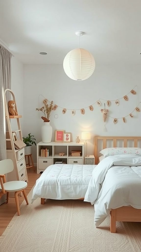 A cozy, minimalist bedroom featuring soft colors, playful decor, and a clean layout.