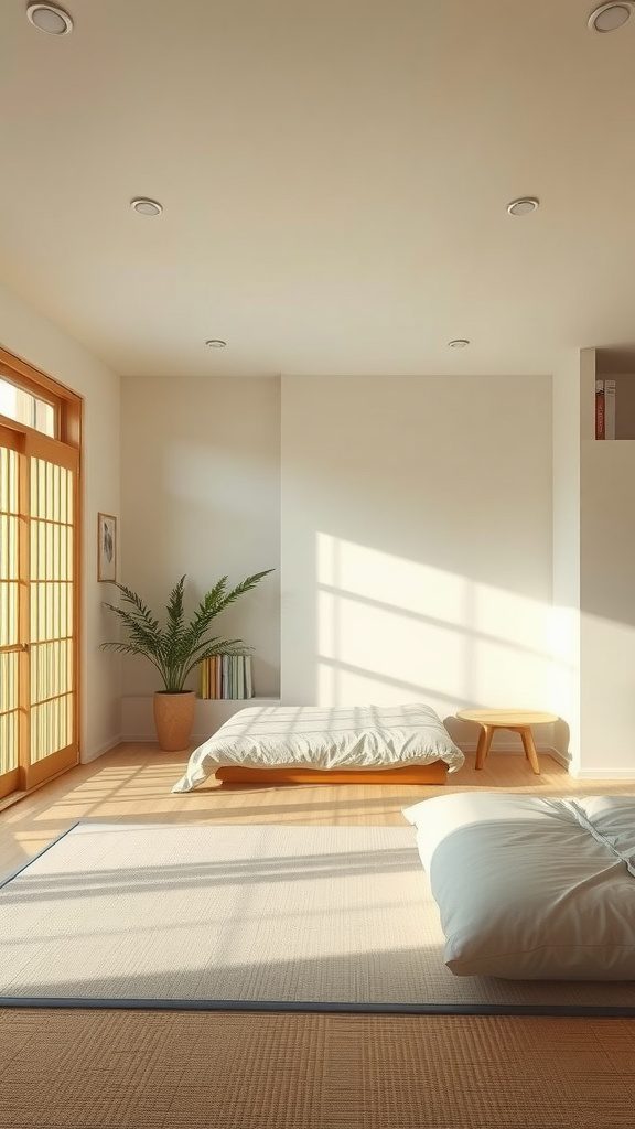Minimalist bedroom with natural light, simple furniture, and a calming atmosphere